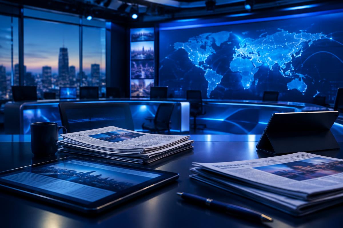 Newsroom desk with newspapers and a glowing world map screen
