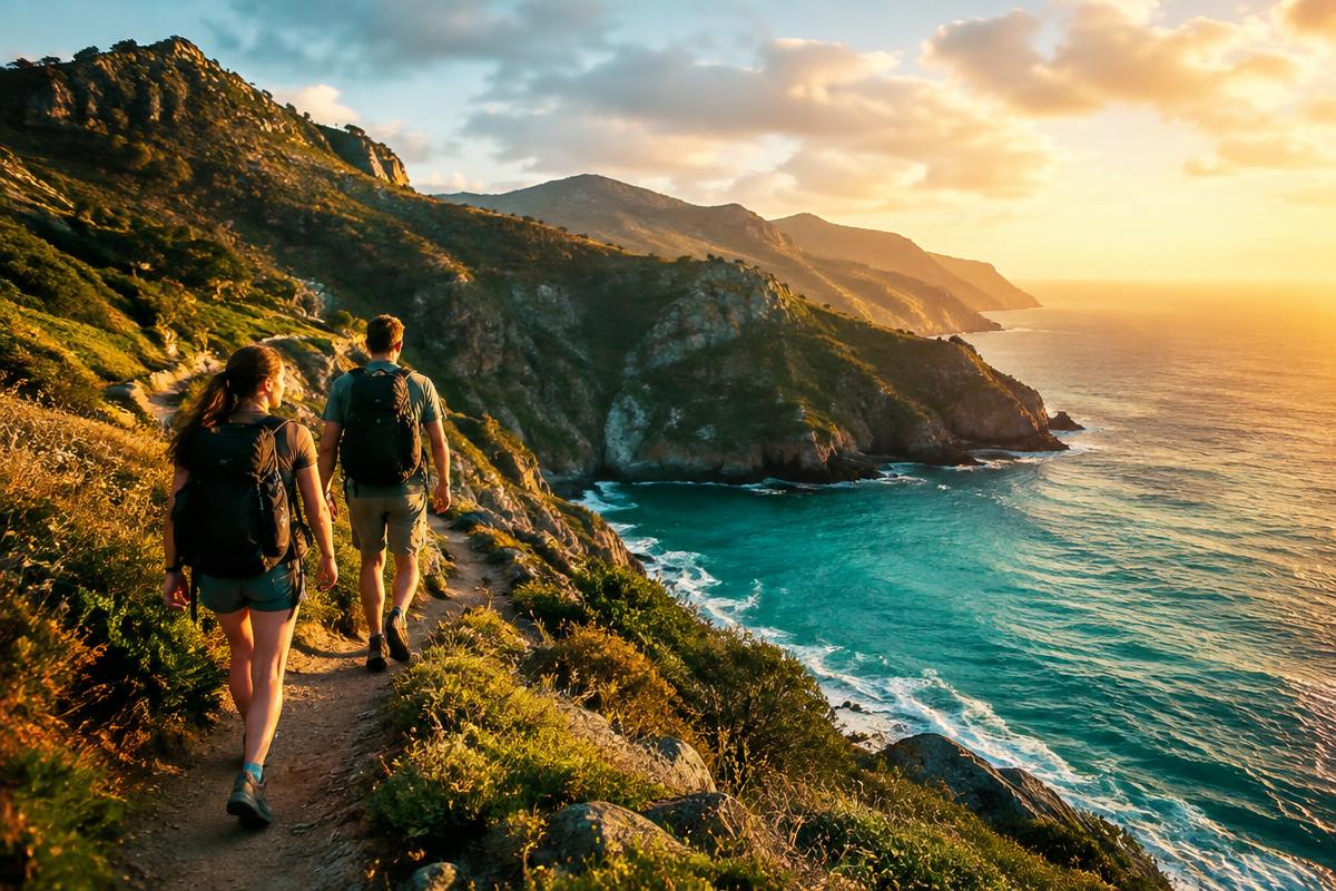 Two hikers on a coastal cliff path at sunrise